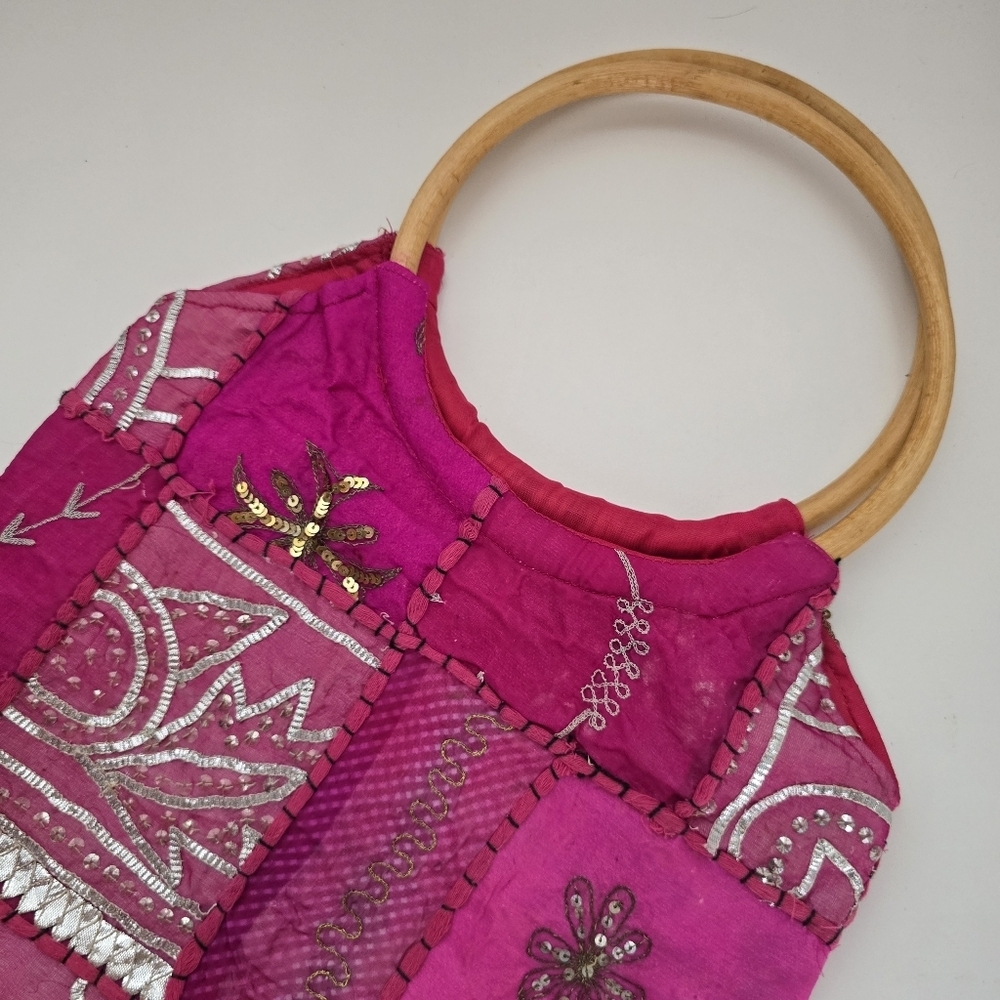 Boho Pink Patchwork Silver Golden Embroidered Han… - image 3